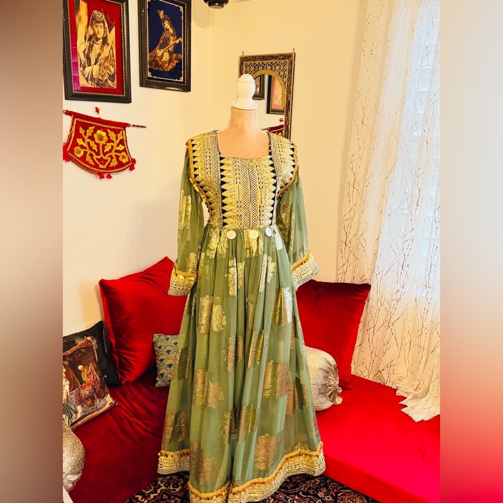 One of a kind, handmade, Afghan Elegant Green and Gold Women's Dress